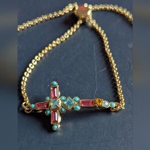 Sorrelli Bright Gold Cross Bracelet with Pink, Turquoise, and Yellow Accents